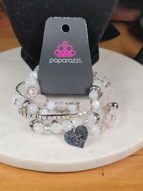 paparazzi Pink & White Beaded Heart Bracelet Stack with Silver Accents
